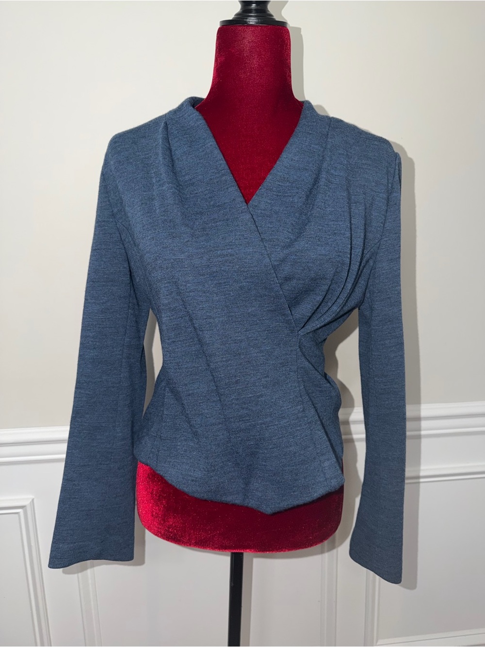 ADELINA Korean‎ Designer Wrap Front Draped Top Jacket Blue Marled Grey